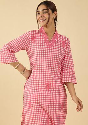 Pink Checked Cotton Kurta Set