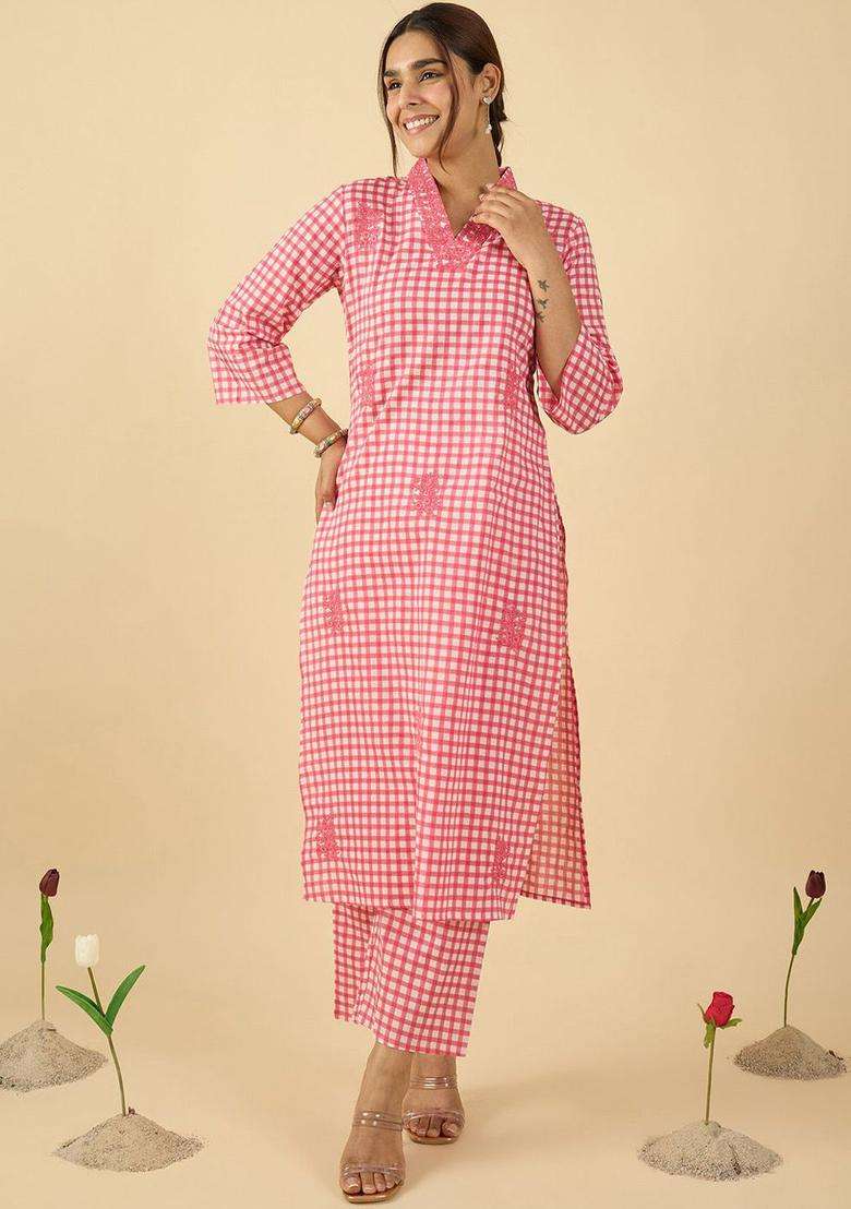 Pink Checked Cotton Kurta Set - Indya