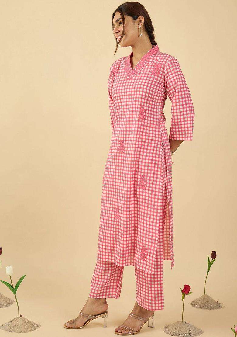 Pink Checked Cotton Kurta Set - Indya