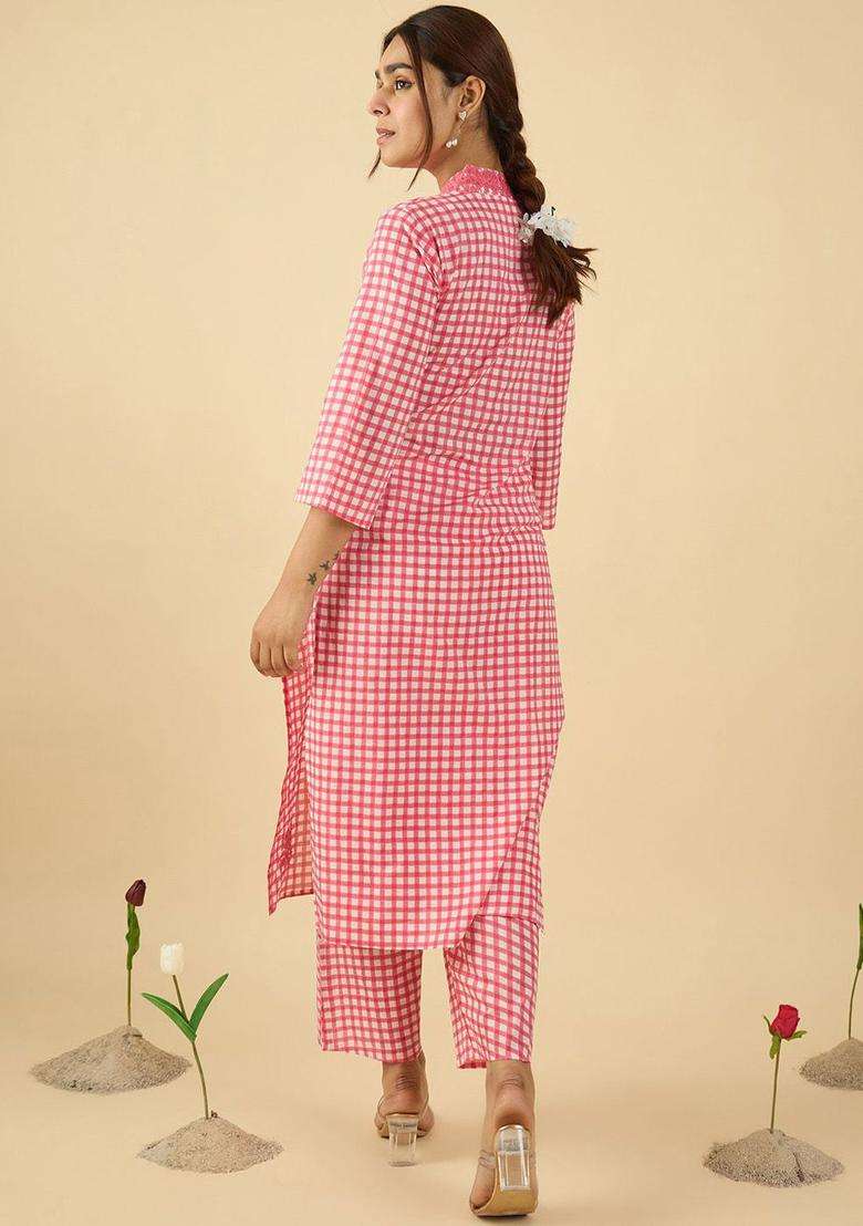Pink Checked Cotton Kurta Set - Indya