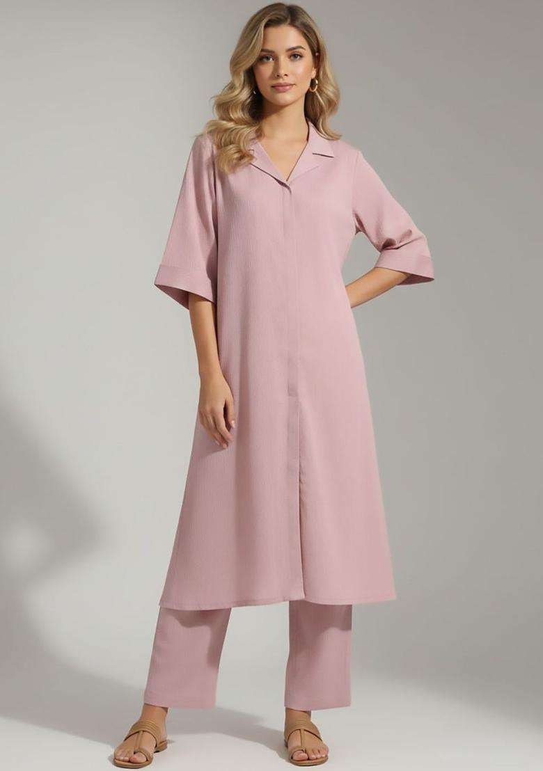 Pink Solid Silk Blend Kurta Set - Indya