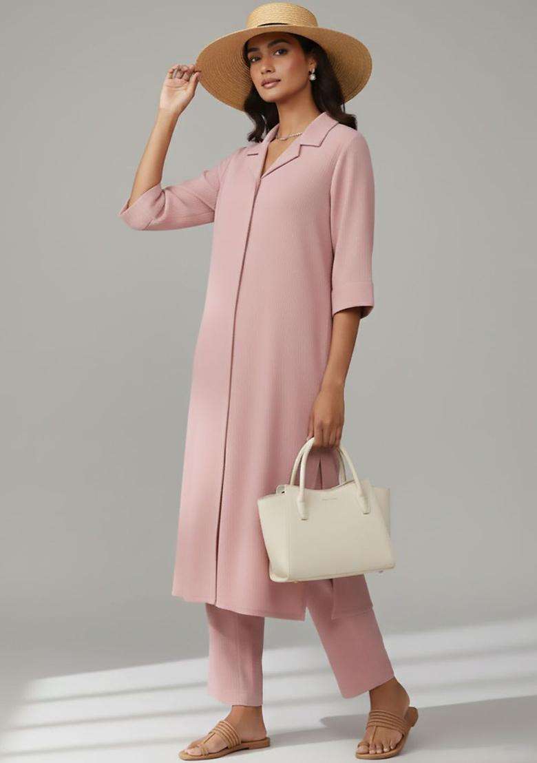 Pink Solid Silk Blend Kurta Set - Indya