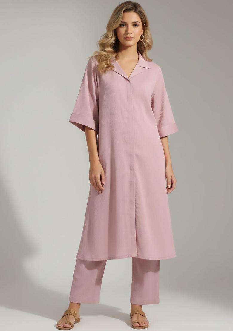 Pink Solid Silk Blend Kurta Set - Indya