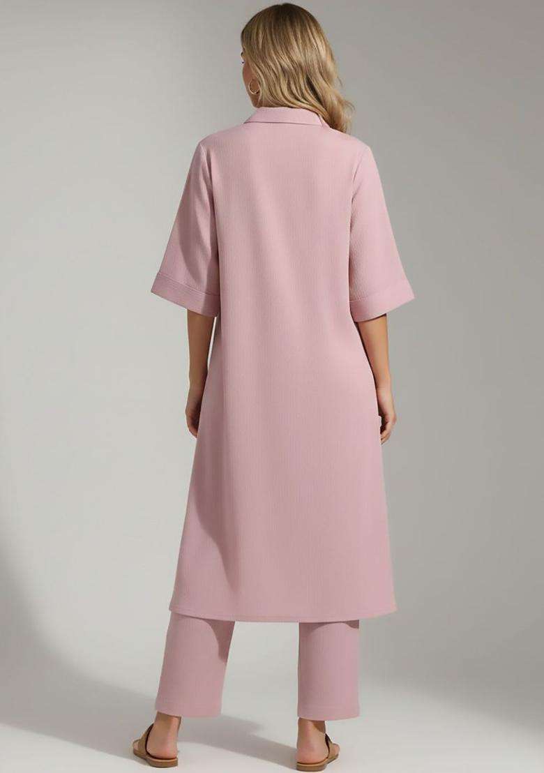 Pink Solid Silk Blend Kurta Set - Indya