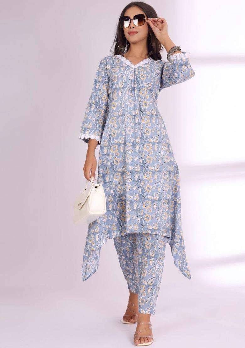 Grey Printed Cotton Kurta Set - Indya