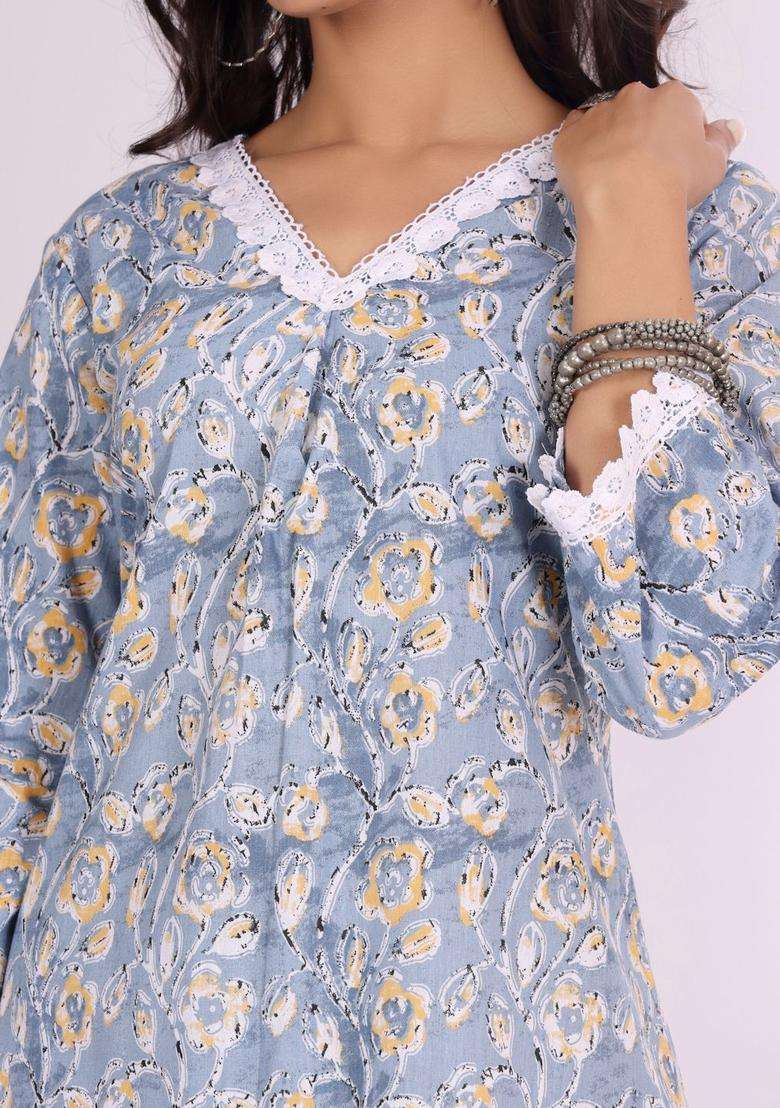 Grey Printed Cotton Kurta Set - Indya