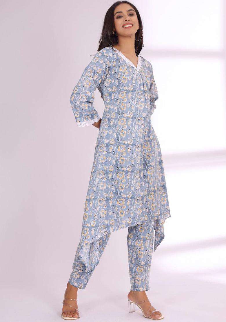 Grey Printed Cotton Kurta Set - Indya