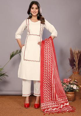 Red Embroidered Cotton Kurta Set