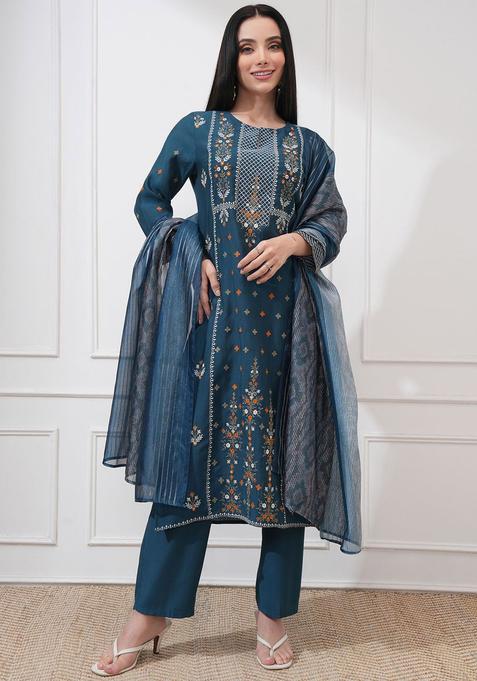 Blue Embroidered Polyester Kurta Set — view on Indya