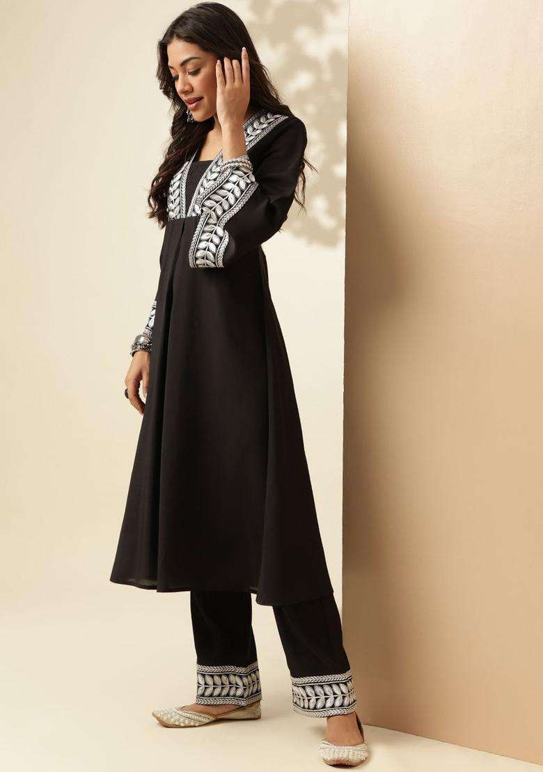 Black Solid Silk Blend Kurta Set - Indya