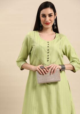 Lime Green Striped Cotton Kurta Set