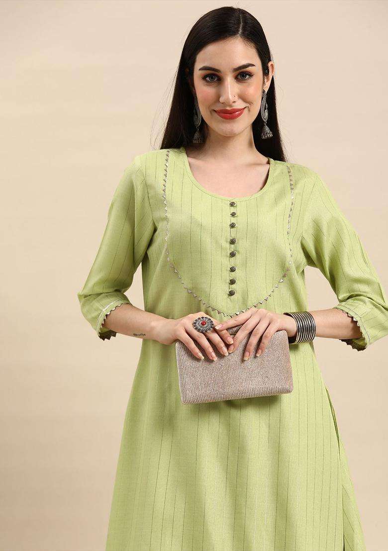 Lime Green Striped Cotton Kurta Set - Indya