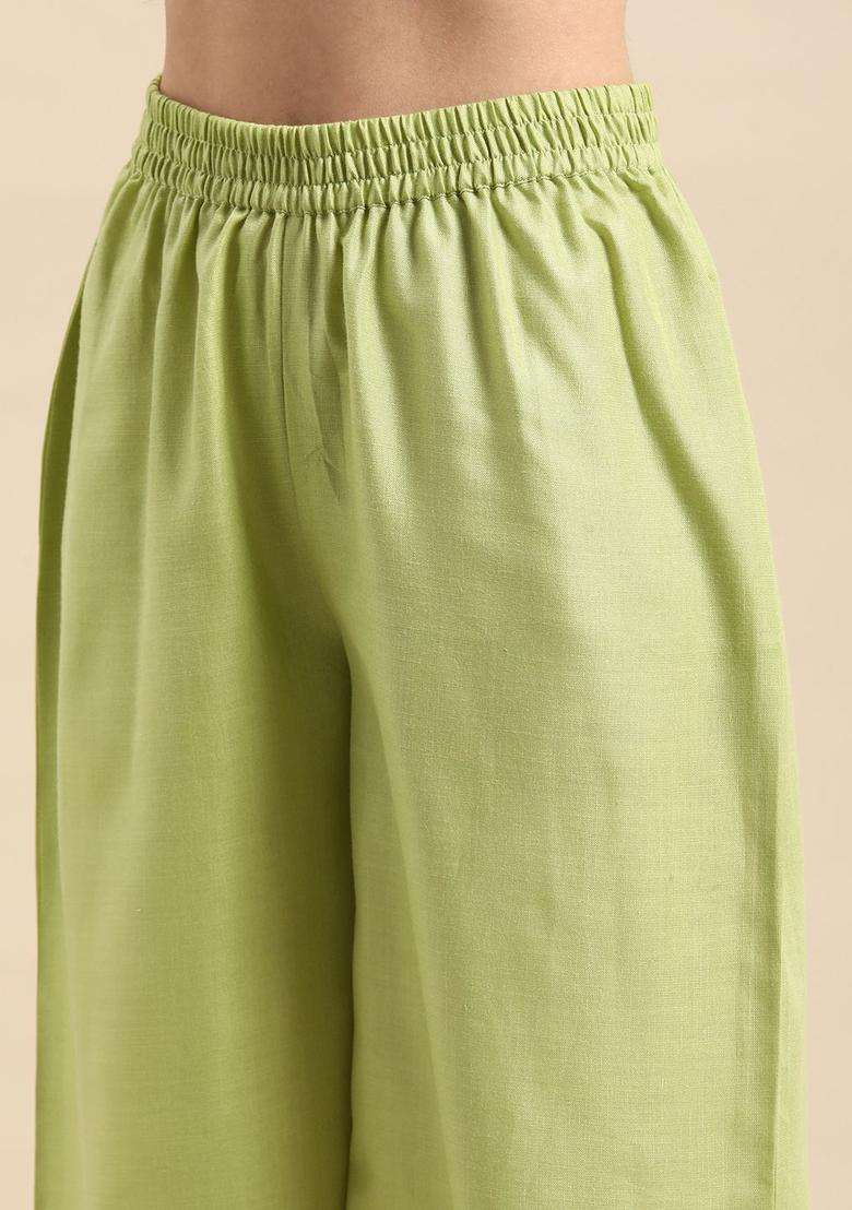 Lime Green Striped Cotton Kurta Set - Indya