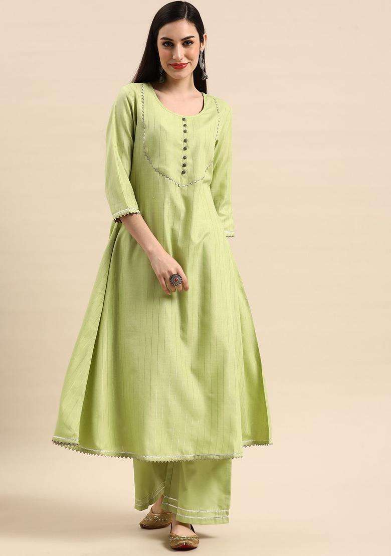 Lime Green Striped Cotton Kurta Set - Indya
