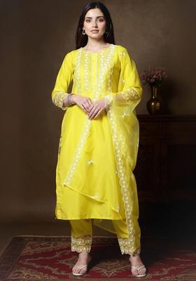 Lime Green Yoke Design Silk Blend Kurta Set