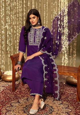 Purple Yoke Design Silk Blend Kurta Set