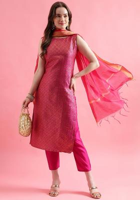 Pink Printed Silk Blend Kurta Set