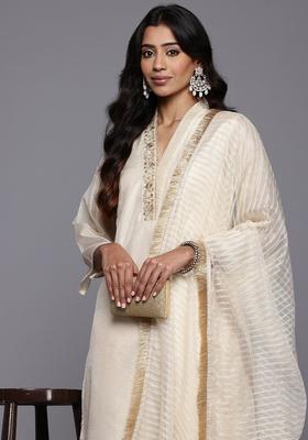 Cream Embroidered Silk Blend Kurta Set