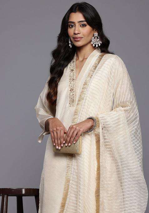 Cream Embroidered Silk Blend Kurta Set