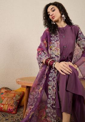 Purple Solid Silk Blend Kurta Set