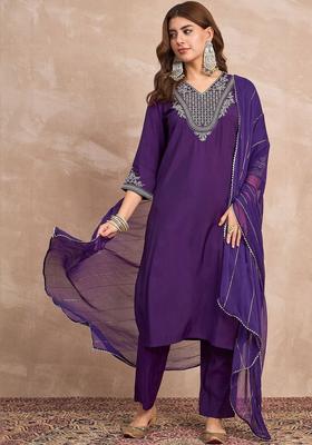 Purple Yoke Design Silk Blend Kurta Set
