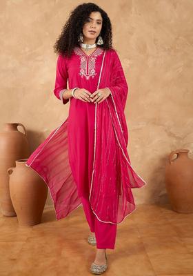 Fuchsia Embroidered Silk Kurta Set