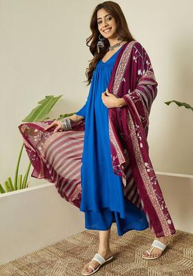 Blue Solid Viscose Kurta Set