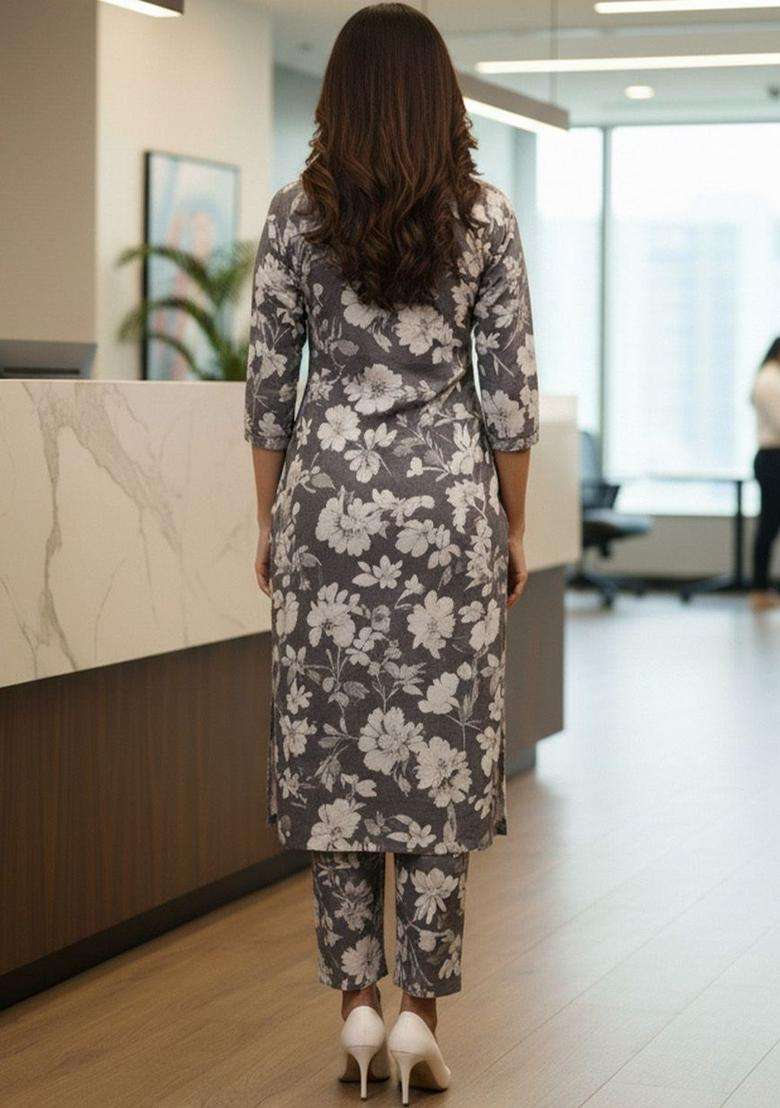 Grey Printed Cotton Kurta Set - Indya