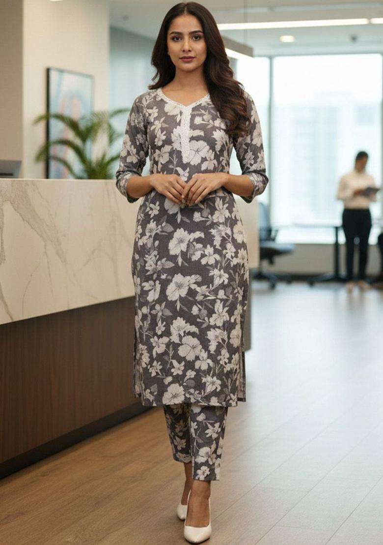 Grey Printed Cotton Kurta Set - Indya