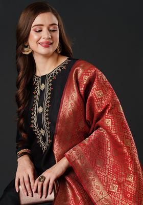 Black Yoke Design Silk Blend Kurta Set