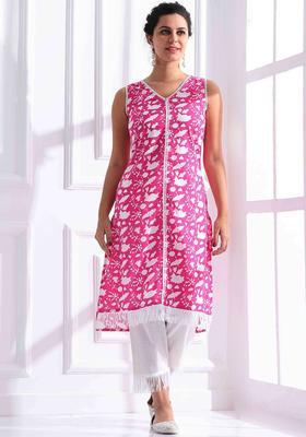 Pink Printed Viscose Kurta Set