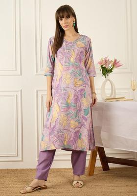 Lavender Printed Cotton Kurta Set