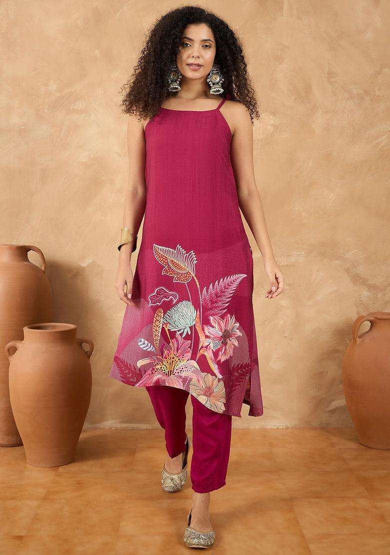 Maroon Printed Silk Blend Kurta Set - Indya