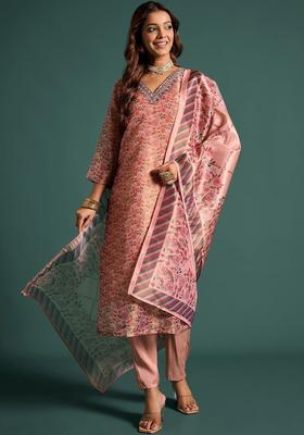 Peach Printed Cotton Kurta Set