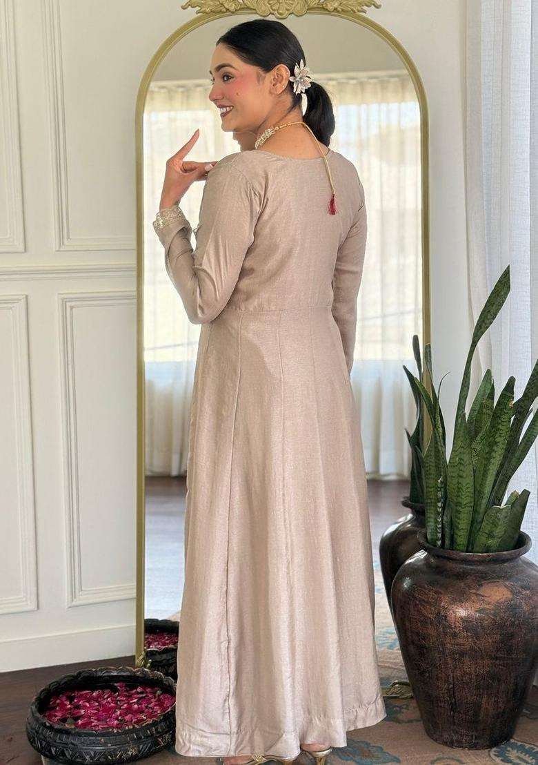 Taupe Embroidered Silk Kurta Set - Indya