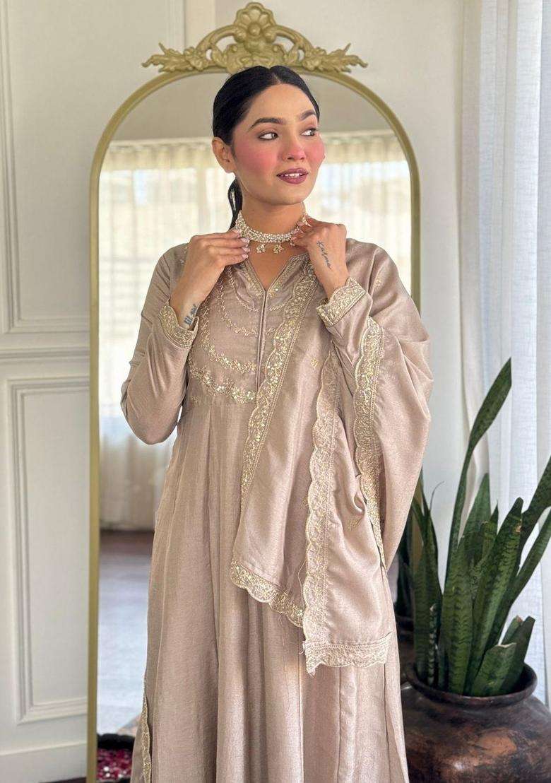 Taupe Embroidered Silk Kurta Set - Indya