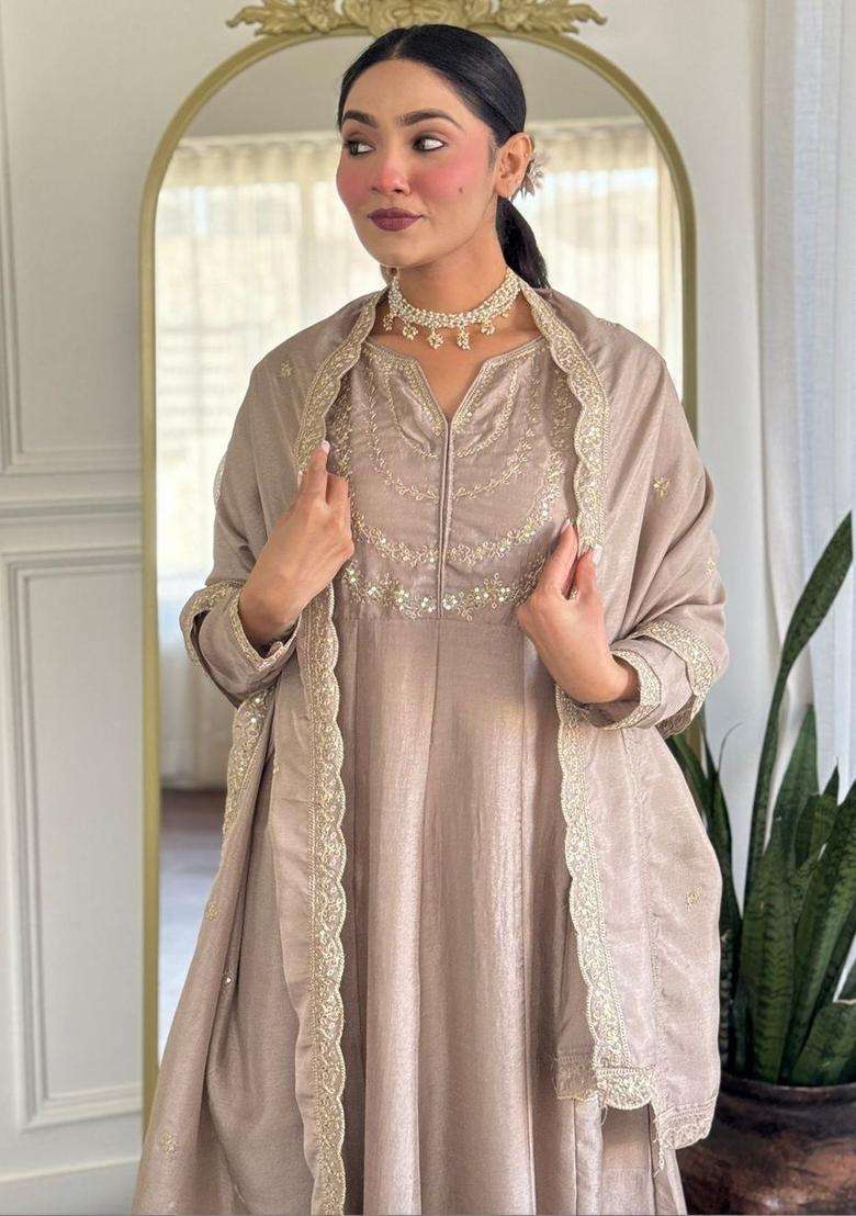 Taupe Embroidered Silk Kurta Set - Indya