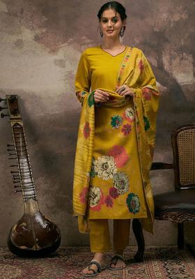 Mustard Printed Silk Blend Kurta Set