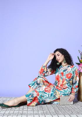 Cream Printed Cotton Kurta Set