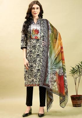 Beige Printed Cotton Kurta Set