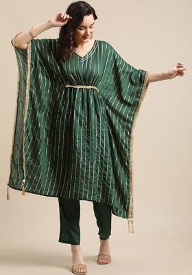 Green Self Design Silk Blend Kurta Set