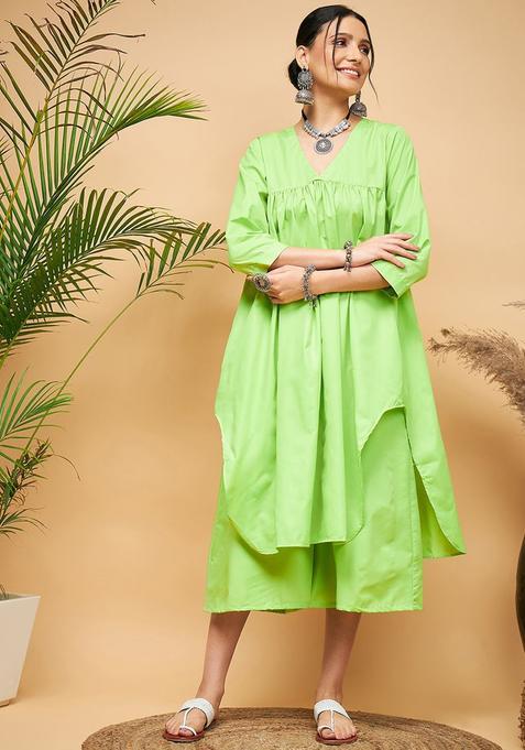 Lime Green Solid Viscose Kurta Set — view on Indya