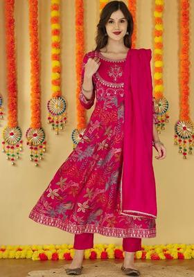 Pink Printed Silk Anarkali Set