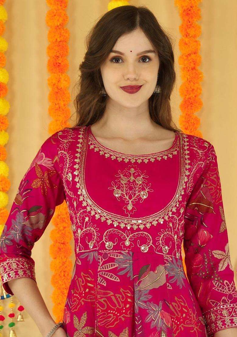 Pink Printed Silk Blend Anarkali Set - Indya