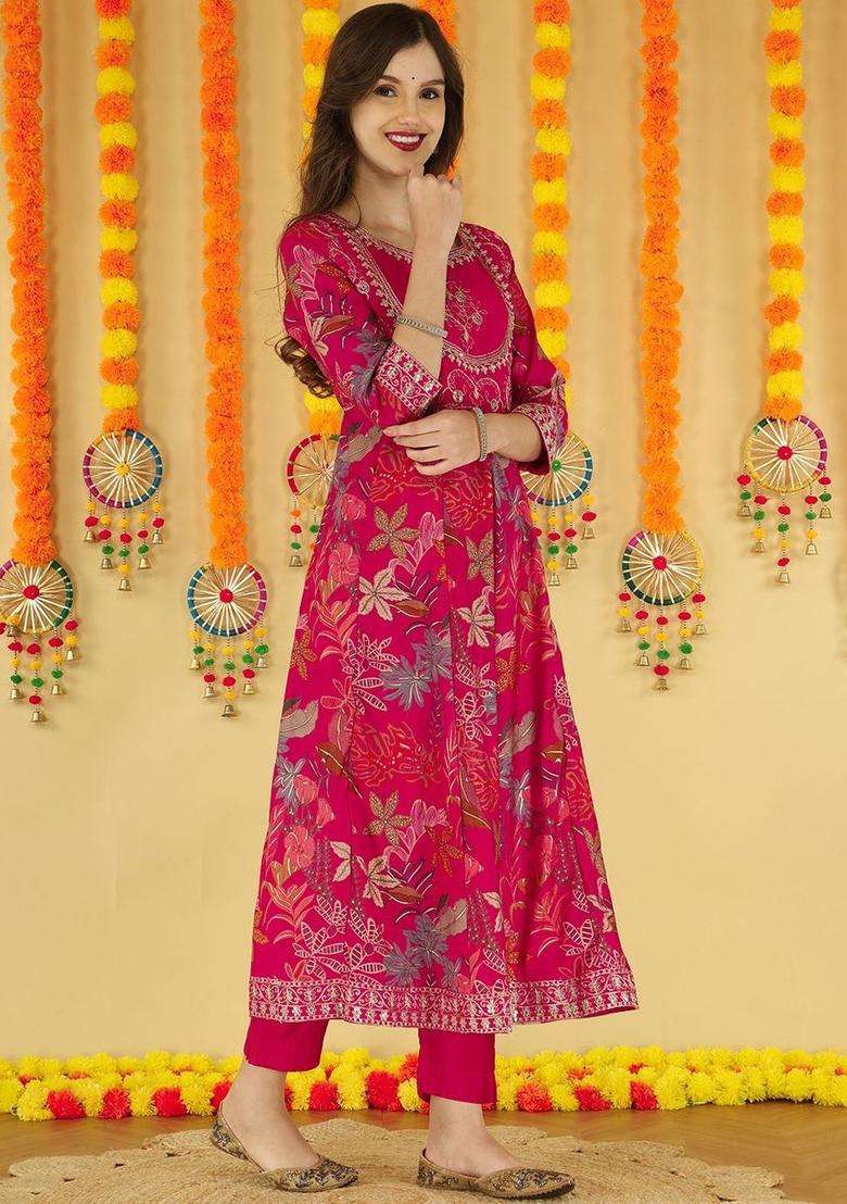 Pink Printed Silk Blend Anarkali Set - Indya