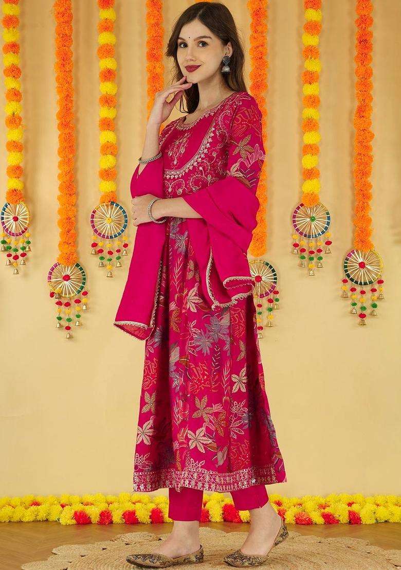 Pink Printed Silk Blend Anarkali Set - Indya