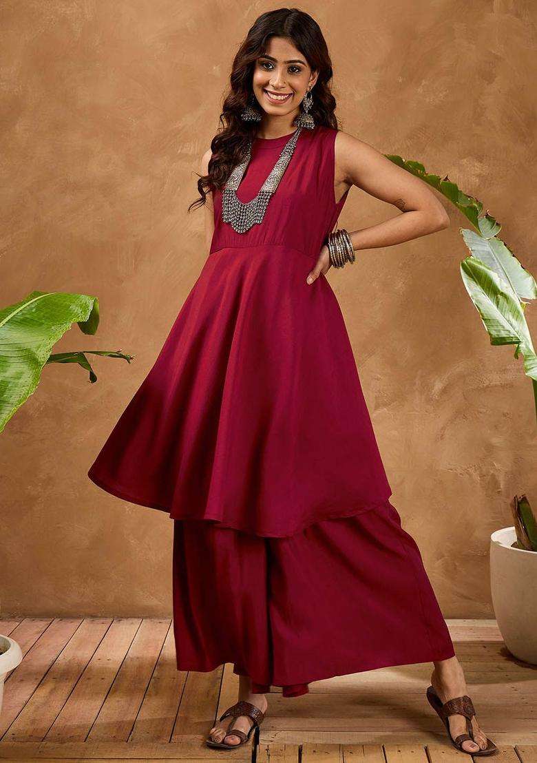 Maroon Solid Silk Blend Kurta Set - Indya