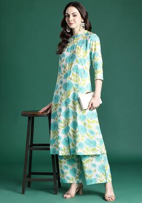 Off White Printed Viscose Kurta Set
