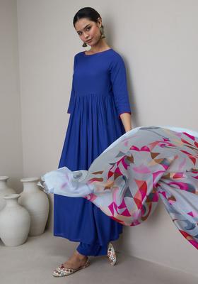 Blue Solid Viscose Kurta Set