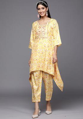Yellow Embroidered Polyester Kurta Set